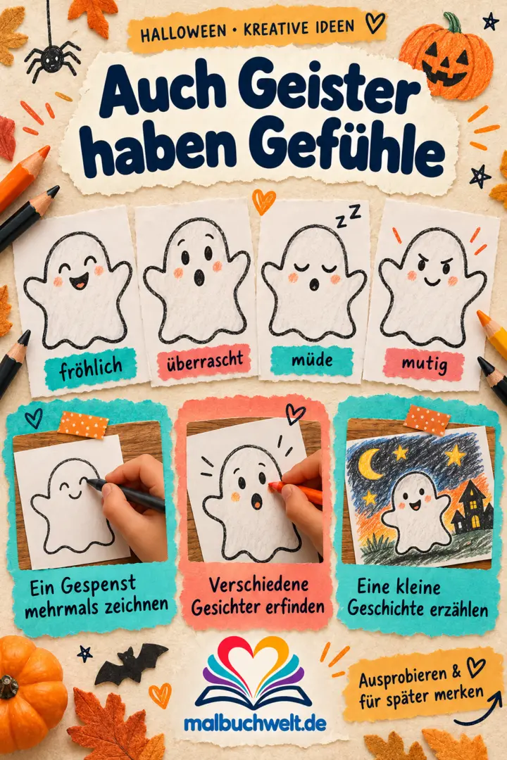 Auch Geister haben Gefühle – kreative Malidee Verschiedene Geistergesichter zeigen fröhliche, traurige und überraschte Gefühle