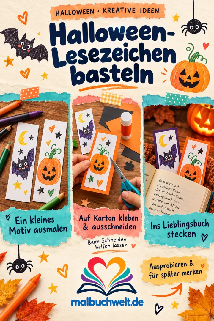 Halloween-Lesezeichen basteln Bunte Halloween-Figuren werden als Lesezeichen auf Karton gebastelt