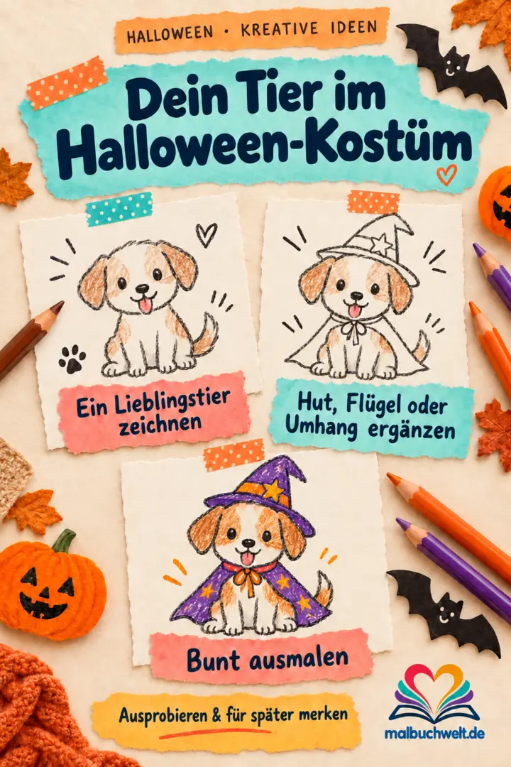 Dein Tier im Halloween-Kostüm – kreative Malidee Ein Tier wird Schritt für Schritt in ein Halloween-Kostüm gekleidet und ausgemalt
