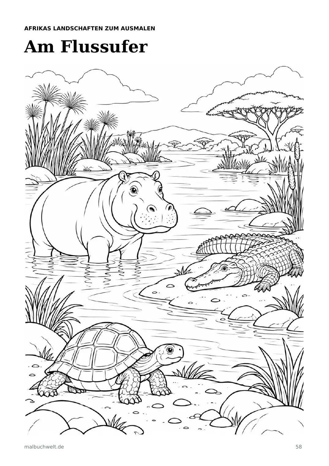 Malvorlage: Flusspferd, Krokodil und Schildkröte am Flussufer